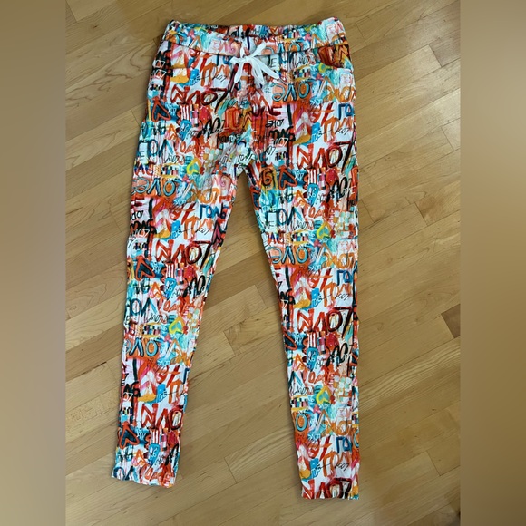 🧡LOVE Grafitti Abstract Drawstring Joggers / Pants | Orange/Teal | S/M - Picture 6 of 17